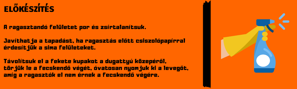 Előkészítési utasítások Gorilla Epoxy ragasztóhoz – tisztító spray illusztrációval és magyar nyelvű szöveggel: portalanítás, zsírtalanítás, csiszolás, fecskendő előkészítése